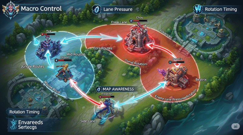 Peta strategi makro Mobile Legends yang menunjukkan konsep Lane Pressure, Rotation Timing, dan Map Awareness dengan panah rotasi hero.