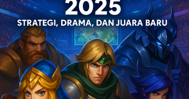 Liputan turnamen Mobile Legends 2025 menampilkan hero populer dan suasana panggung e-sports dengan strategi, drama, dan juara baru