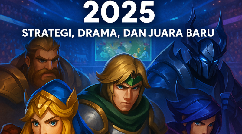 Liputan turnamen Mobile Legends 2025 menampilkan hero populer dan suasana panggung e-sports dengan strategi, drama, dan juara baru