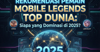 Desain cover Mobile Legends yang menampilkan pemain top dunia dan pertanyaan dominasi di 2025.