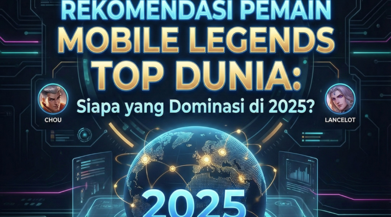 Desain cover Mobile Legends yang menampilkan pemain top dunia dan pertanyaan dominasi di 2025.