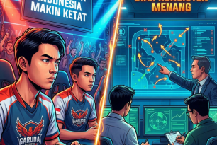 Ilustrasi liga e-sport Indonesia makin ketat, pro player dan coach menyusun strategi agar konsisten menang.