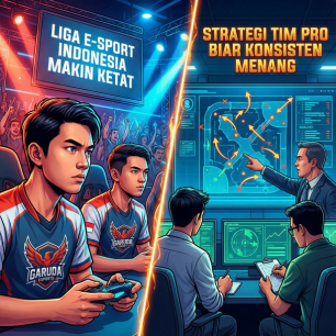 Ilustrasi liga e-sport Indonesia makin ketat, pro player dan coach menyusun strategi agar konsisten menang.