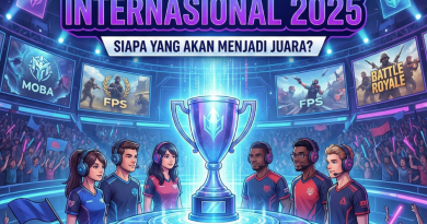 Ilustrasi panggung Kejuaraan Esports Internasional 2025 menampilkan trofi juara, tim atlet profesional, dan kerumunan penonton di arena futuristik.