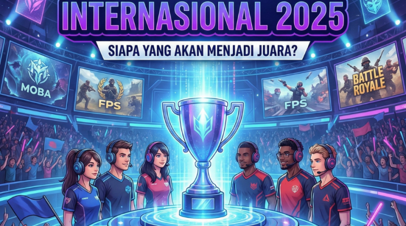 Ilustrasi panggung Kejuaraan Esports Internasional 2025 menampilkan trofi juara, tim atlet profesional, dan kerumunan penonton di arena futuristik.