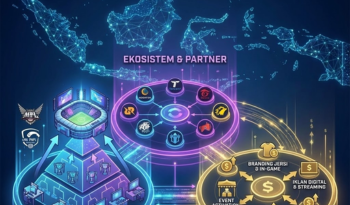 Peta digital Indonesia dengan ilustrasi ekosistem turnamen e-sport, liga, dan peluang sponsor.