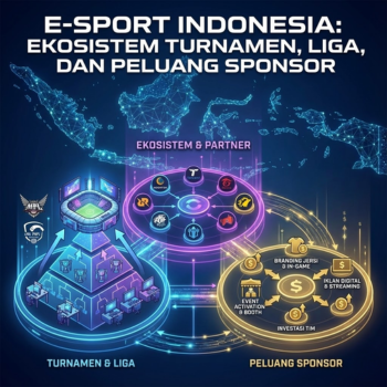 Peta digital Indonesia dengan ilustrasi ekosistem turnamen e-sport, liga, dan peluang sponsor.