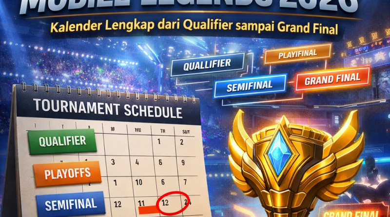 Infografis jadwal turnamen Mobile Legends 2026, menampilkan kalender kompetitif dari Qualifier hingga Grand Final dan piala kejuaraan.