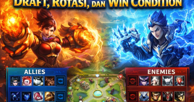 Infografis Strategi META Mobile Legends 2026 menampilkan fase Draft Pick, pola Rotasi, dan Win Condition.