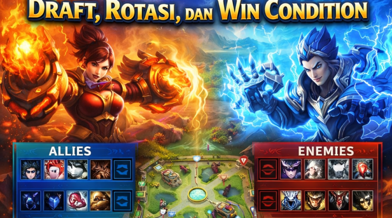 Infografis Strategi META Mobile Legends 2026 menampilkan fase Draft Pick, pola Rotasi, dan Win Condition.