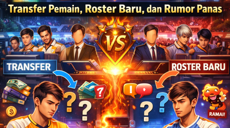 Ilustrasi berita esports Mobile Legends tentang transfer pemain, perubahan roster tim, dan rumor panas di scene kompetitif.