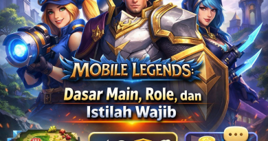 Ilustrasi panduan pemula Mobile Legends menampilkan hero, peta Land of Dawn, dan ikon role untuk strategi dasar