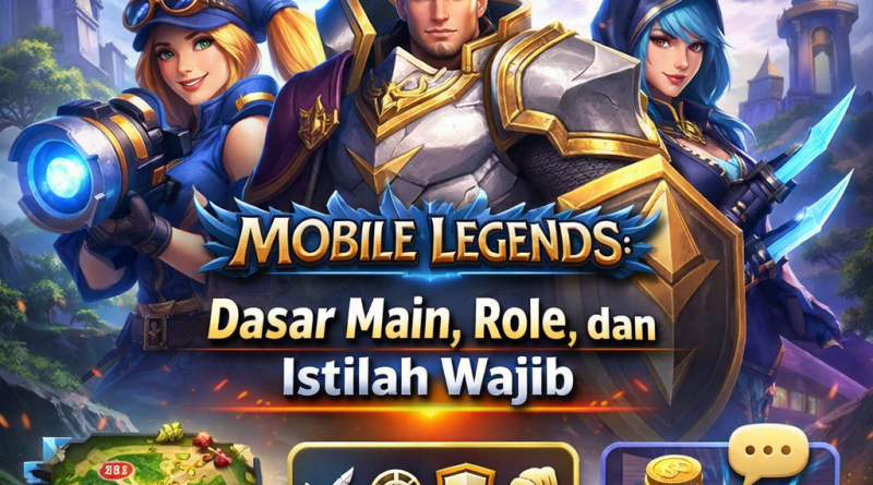 Ilustrasi panduan pemula Mobile Legends menampilkan hero, peta Land of Dawn, dan ikon role untuk strategi dasar