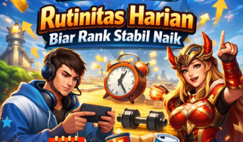 Ilustrasi tips pro player Mobile Legends dan rutinitas harian agar rank stabil naik