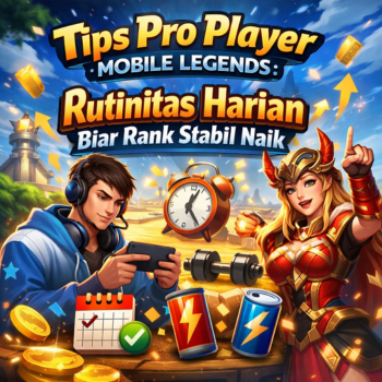 Ilustrasi tips pro player Mobile Legends dan rutinitas harian agar rank stabil naik