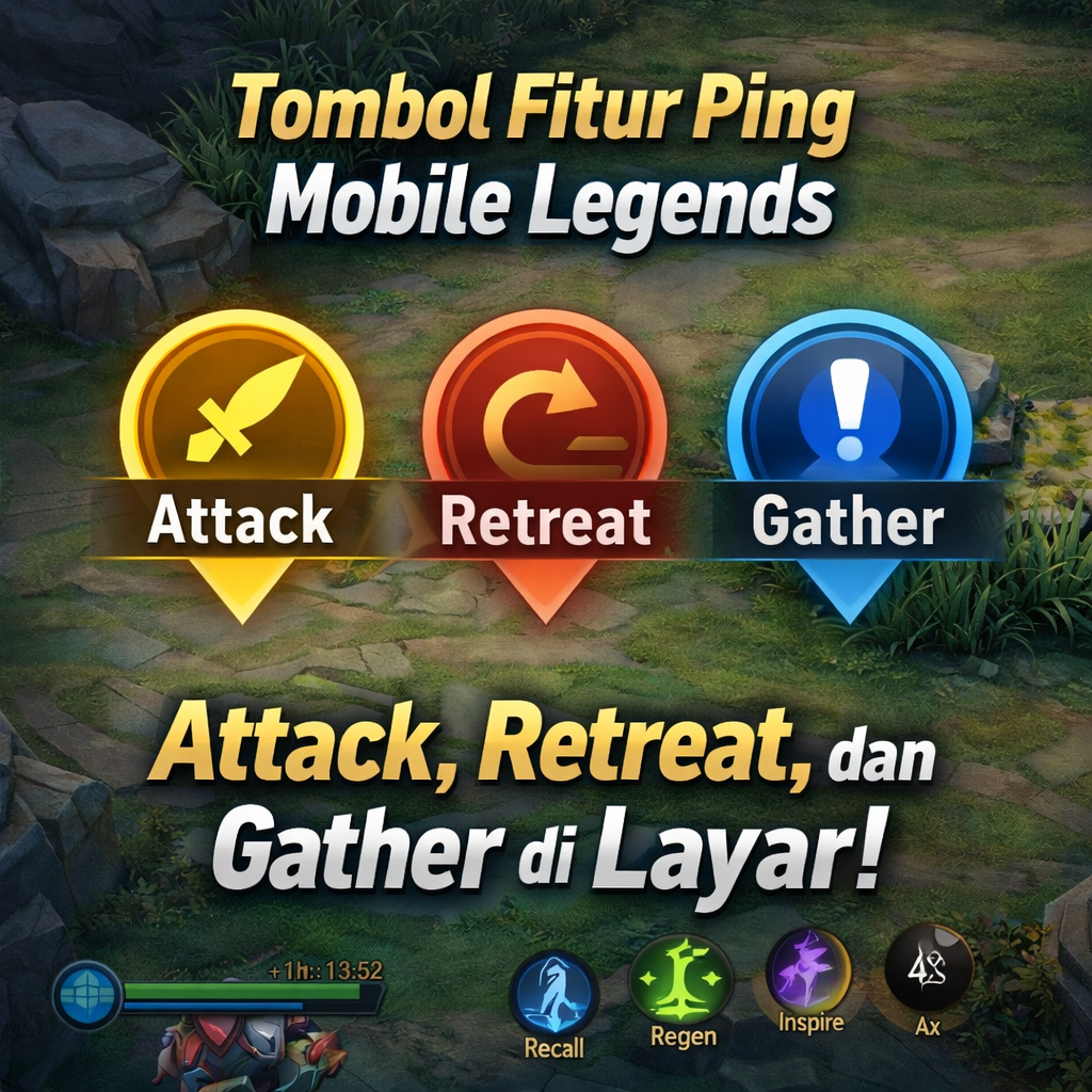 Tombol Fitur Ping Mobile Legends Attack Retreat dan Gather di layar