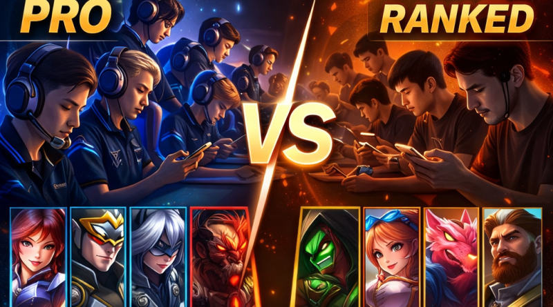 Ilustrasi perbandingan strategi Draft Pro vs Ranked Mobile Legends dan mentalitas pemain