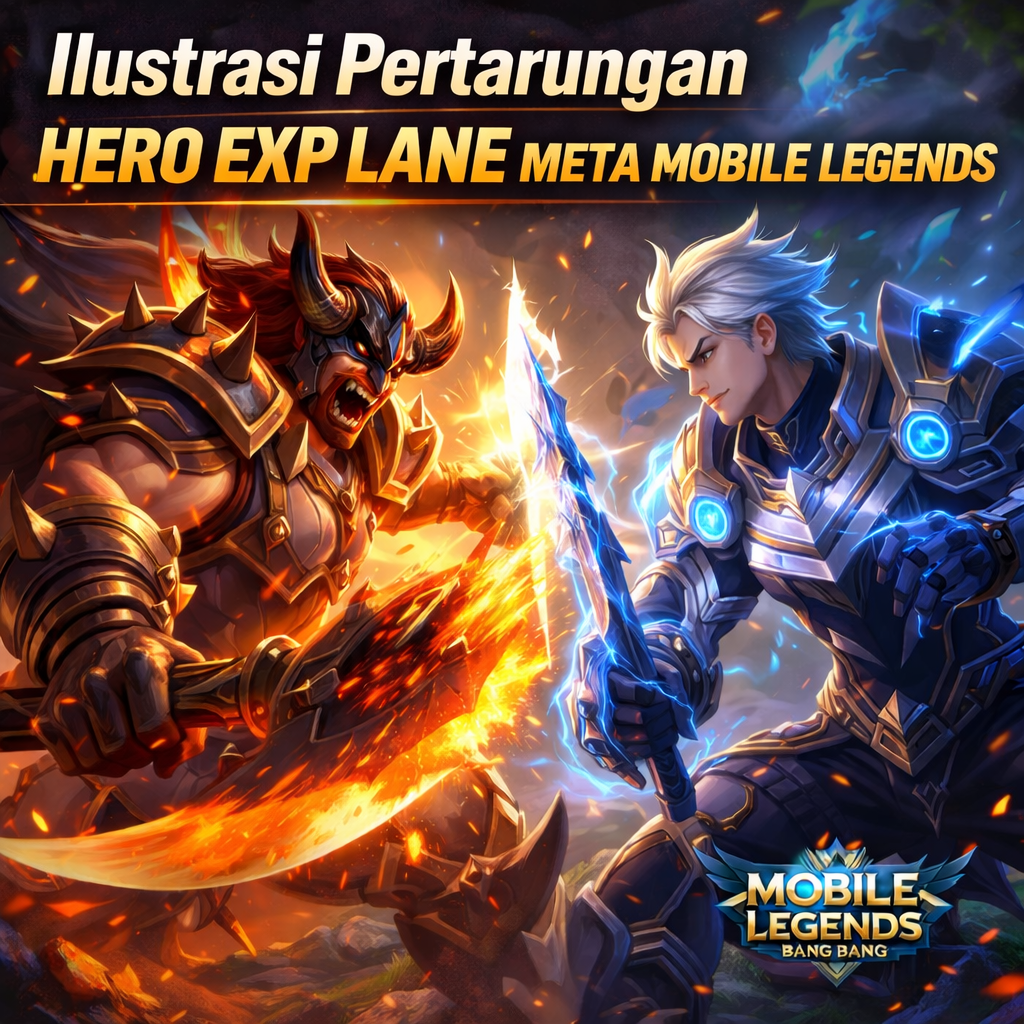 Ilustrasi pertarungan hero exp lane meta mobile legends