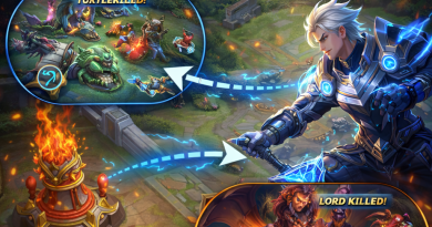Peta panduan rotasi hero dari EXP Lane menuju area Turtle untuk memenangkan objektif tim