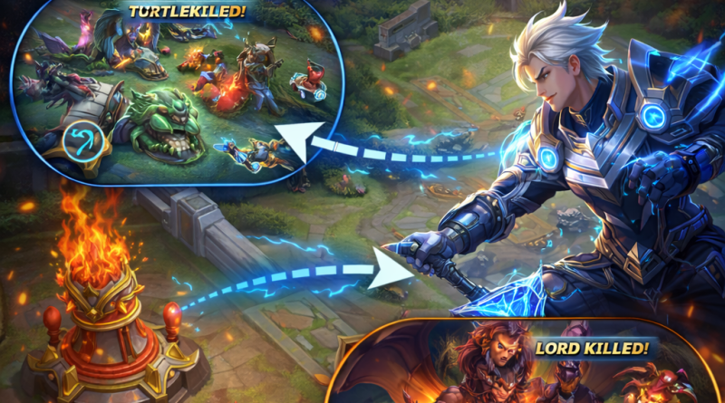 Peta panduan rotasi hero dari EXP Lane menuju area Turtle untuk memenangkan objektif tim