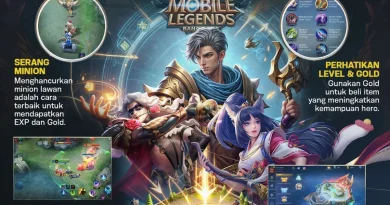 Infografis panduan game Mobile Legends untuk pemula berisi tips serang minion dan hancurkan turret