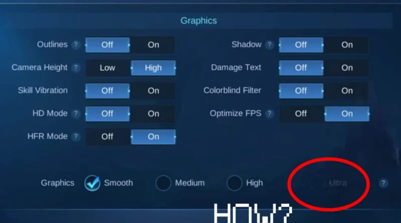 Tampilan menu settings dan pengaturan grafis ultra sebagai bagian dari analisis features Mobile Legends.