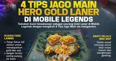 Infografis panduan MOBA berisi 4 tips jago main hero Gold Laner di Mobile Legends yang memuat taktik laning phase dan kontrol mini map.